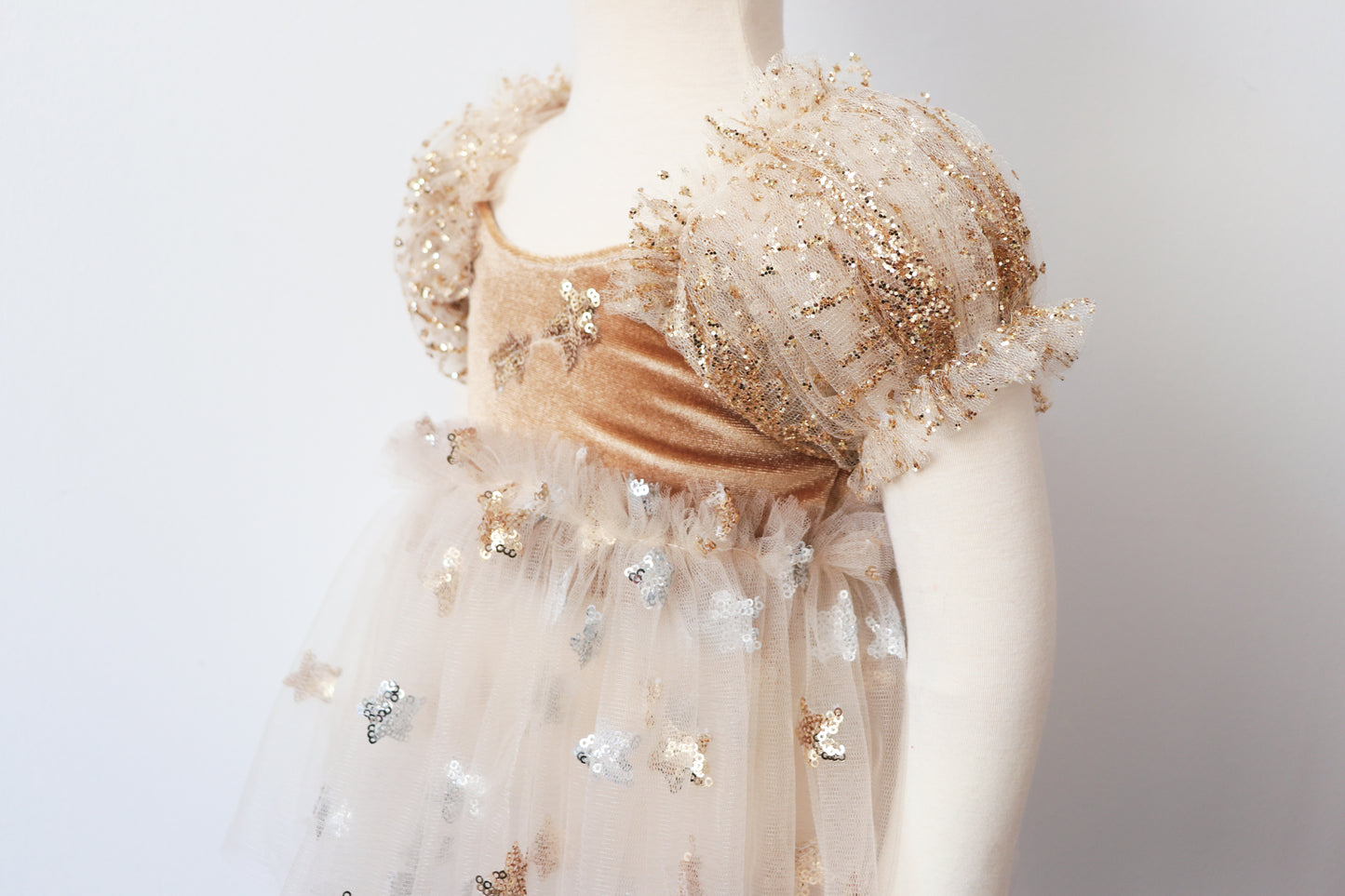 Toddler Velvet Set with Beige Tulle and Gold Silver Star Sequins