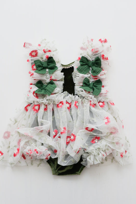 Adorable sapin green velvet romper dress with white tulle and green bows, perfect for Christmas