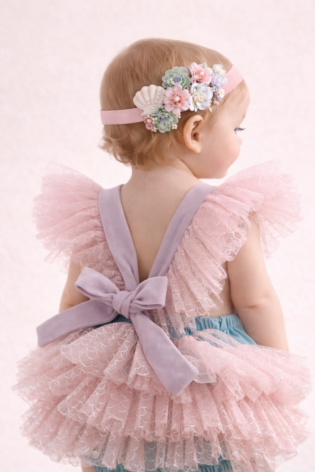 FLEUR MARGOT Baby Girl Dress with Pink Ruffle Sleeves and Floral Headband for Special Occasions