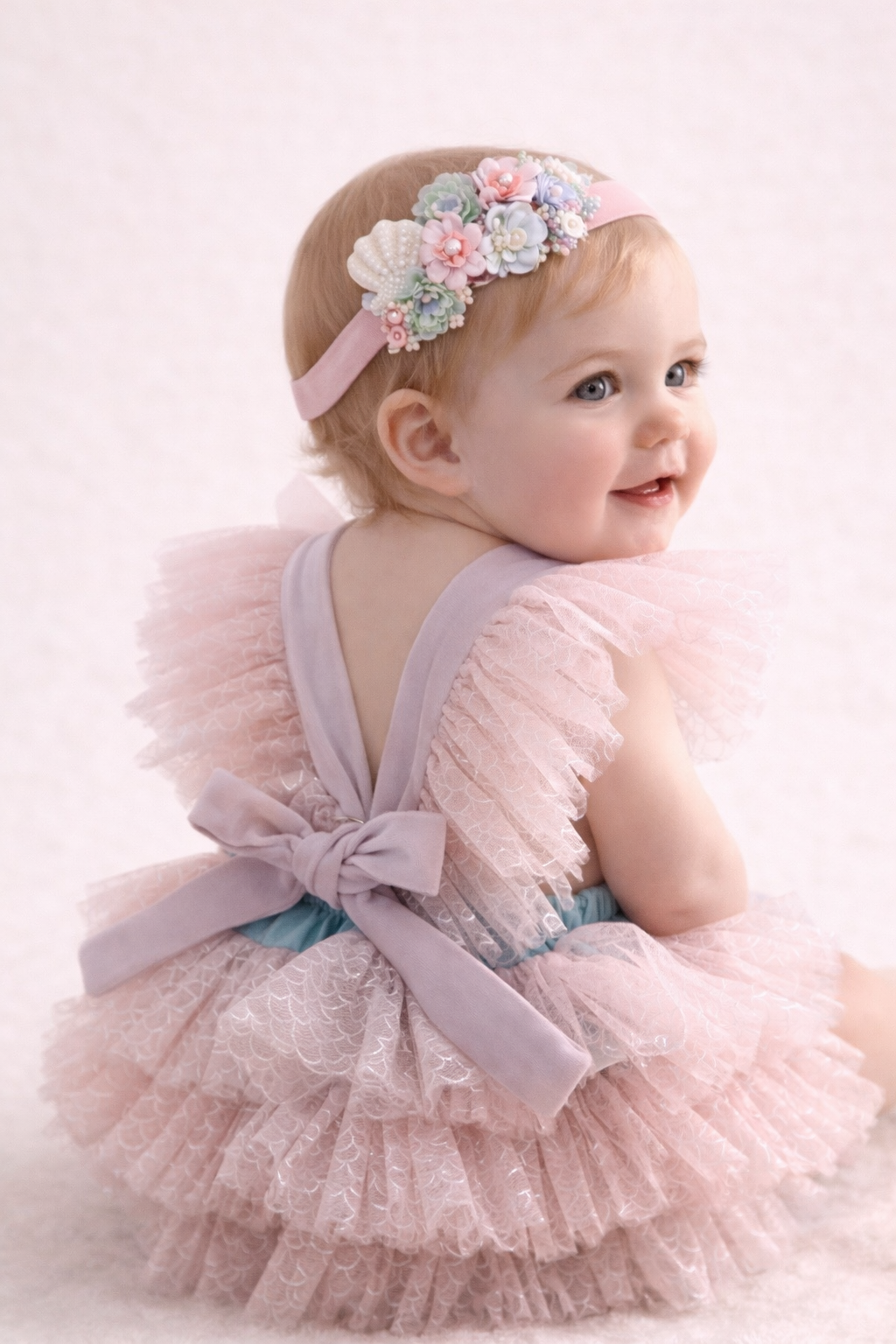 FLEUR MARGOT Baby Girl Lace Dress with Ruffled Sleeves and Bow Back in Soft Pink