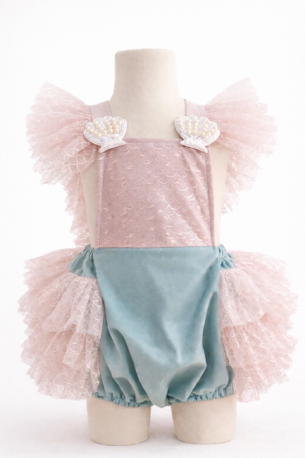Fleur Margot Baby Girl Aqua and Pink Tulle Romper with Ruffled Sleeves and Shell Details