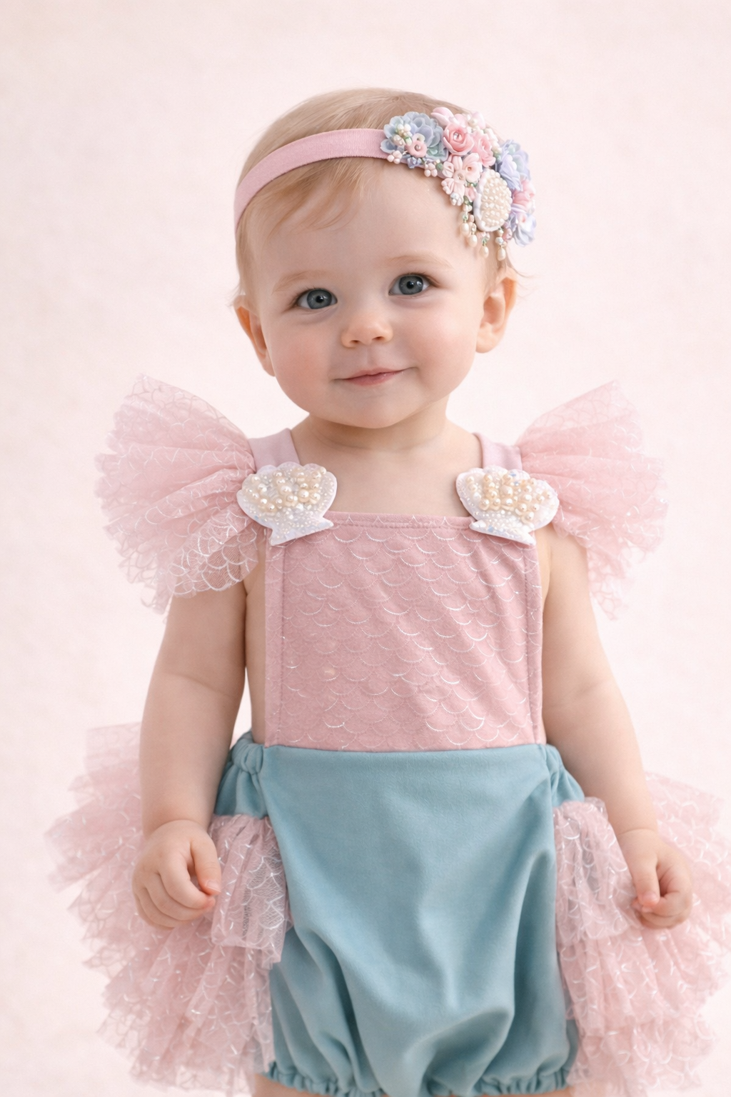 FLEUR MARGOT Baby Girl Pink and Blue Puff Sleeve Romper with Floral Headband for Special Occasions