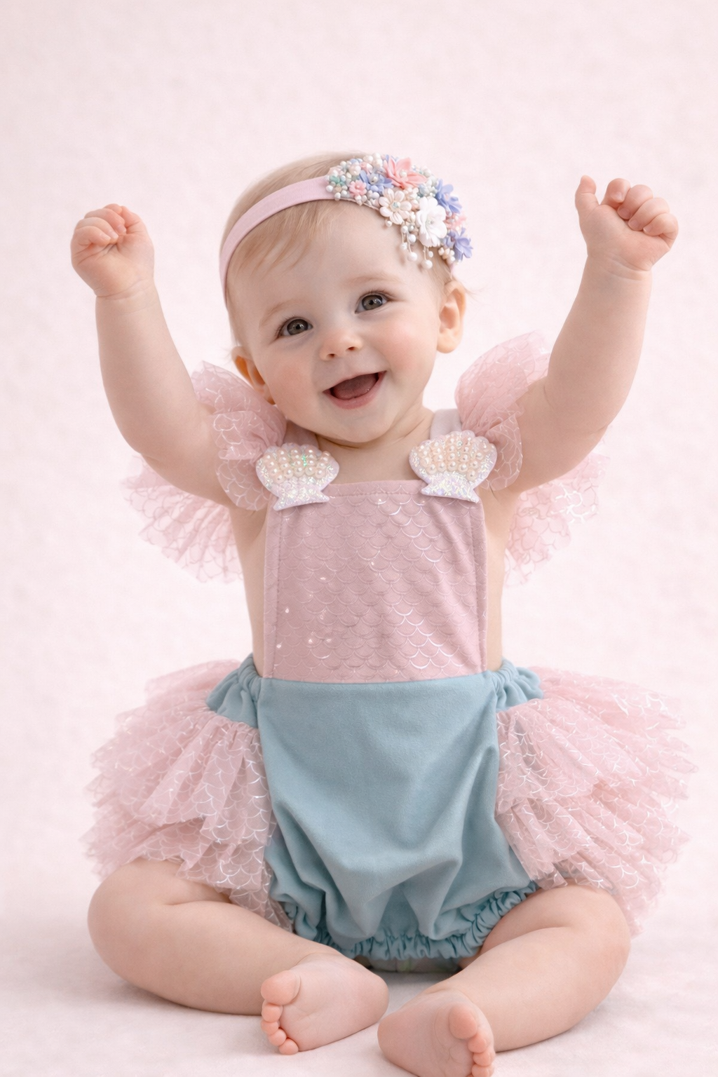 FLEUR MARGOT Baby Girl Tulle Dress with Ruffled Sleeves and Floral Headband for Special Occasions