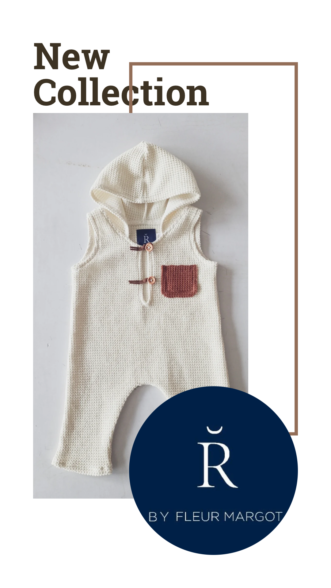 RBYFLEURMARGOT white knitted hooded sitter romper for photoshoot with brown pocket detail
