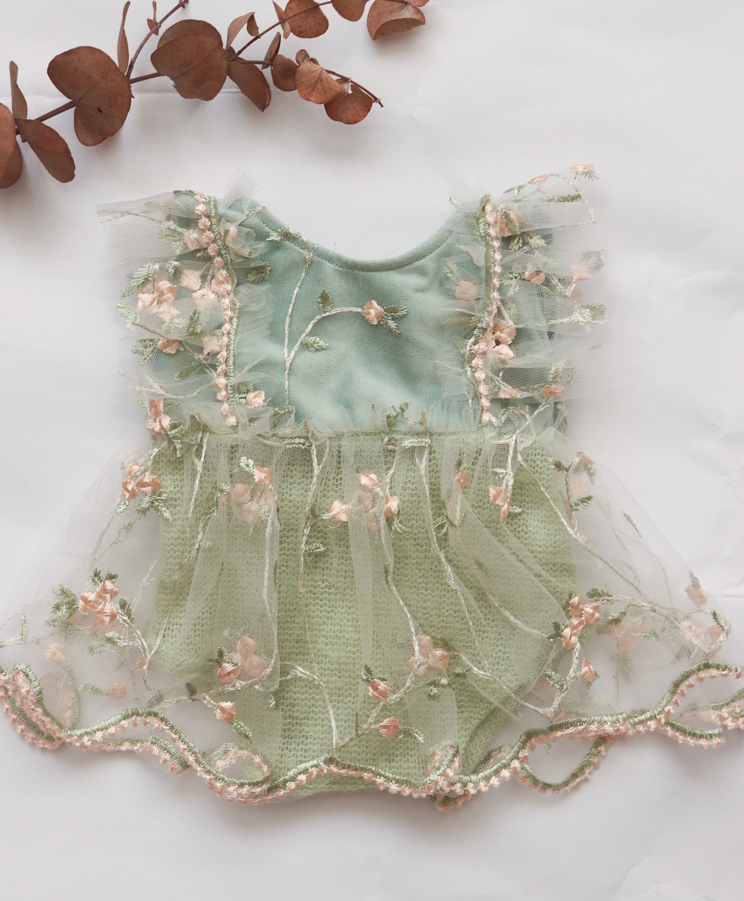FLEUR MARGOT Floral Embroidered Baby Dress in Soft Green with Ruffled Sleeves and Sheer Overlay