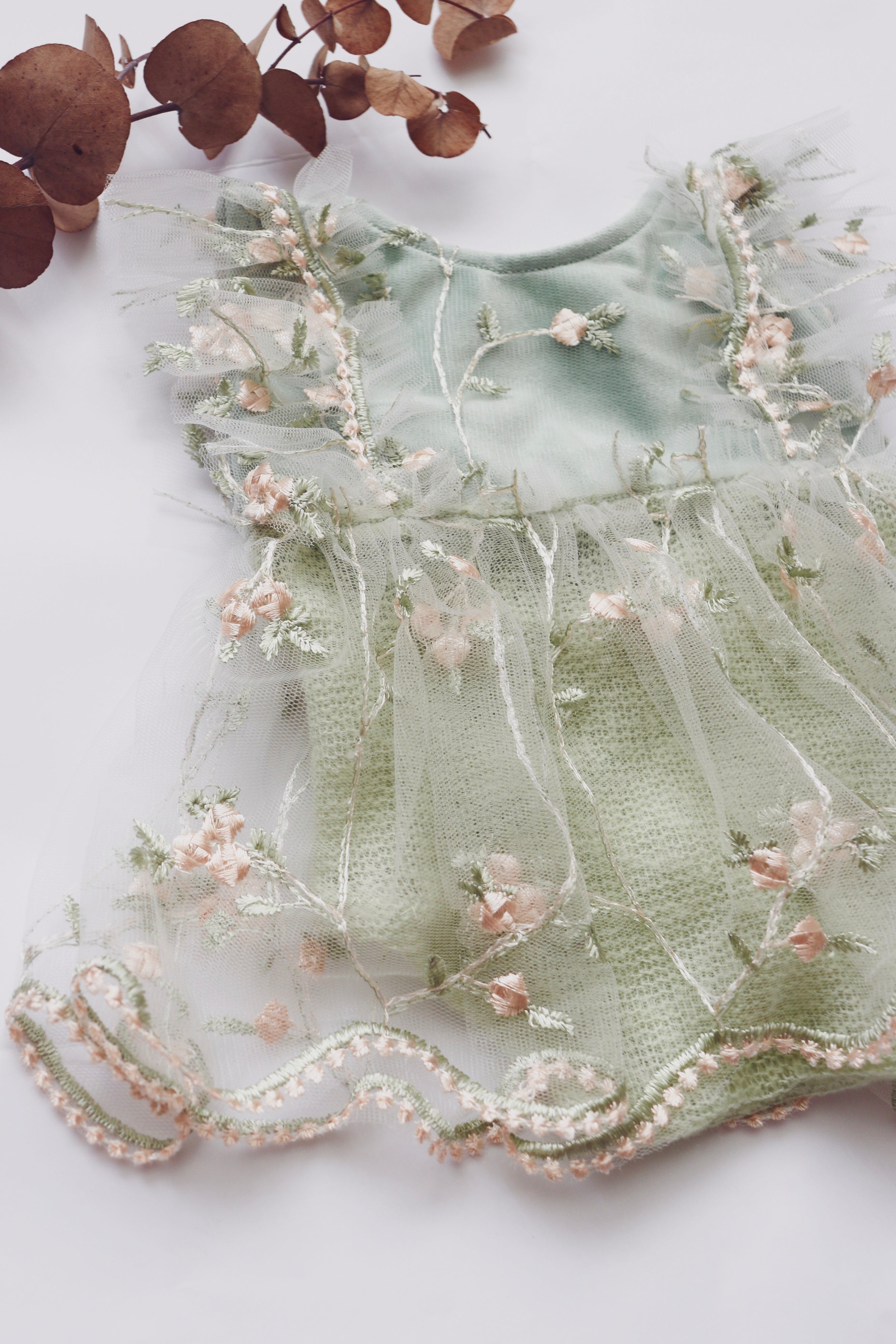 Fleur Margot Baby Dress with Floral Embroidery and Tulle Overlay in Soft Green for Special Occasions