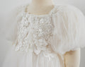White girl photo shoot dress with floral lace appliques and puff tulle sleeves by FLEUR MARGOT