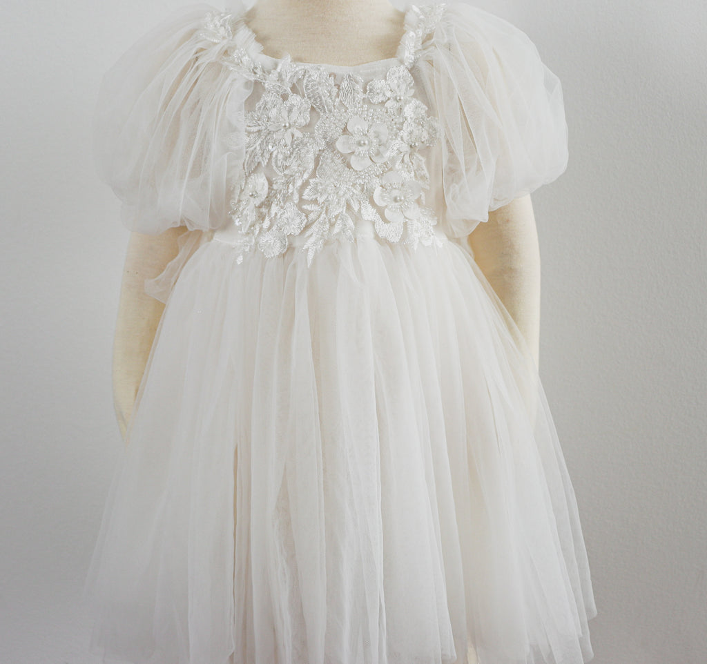 White girl photo shoot dress with puff sleeves and floral lace bodice by FLEUR MARGOT