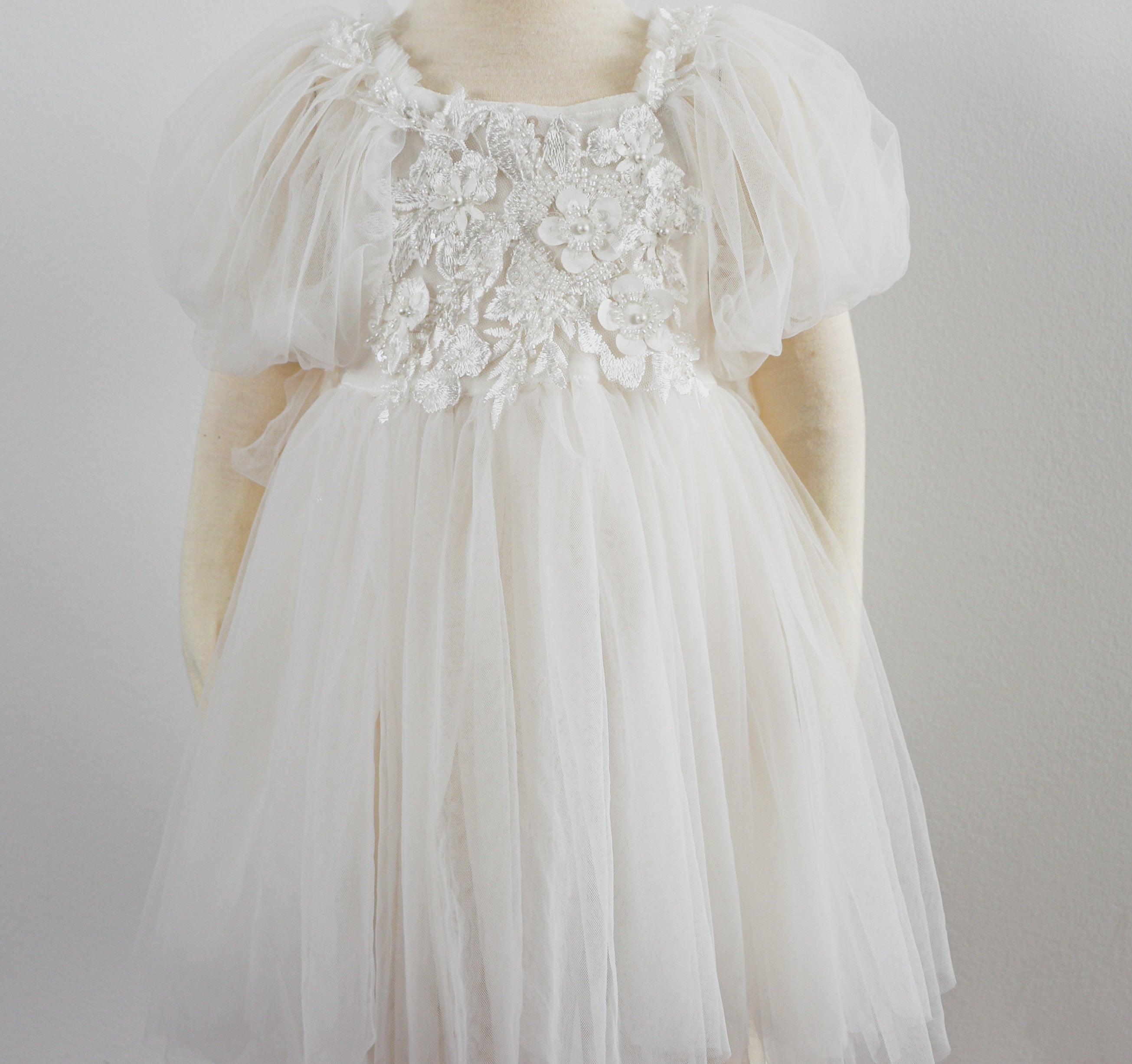 White girl photo shoot dress with puff sleeves and floral lace bodice by FLEUR MARGOT