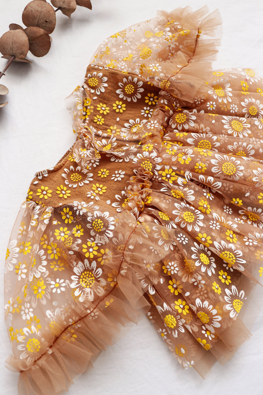 Fleur Margot handmade newborn photography prop brown dress with yellow and white floral pattern and tulle details