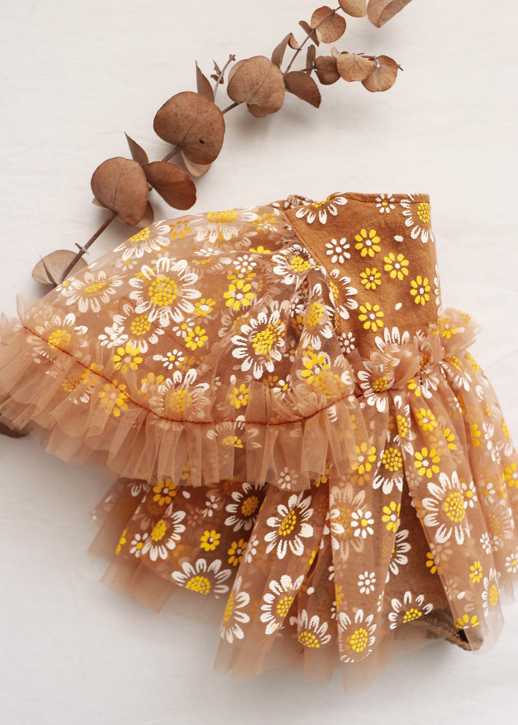 Handmade newborn photography prop brown floral tulle dress with yellow and white flowers