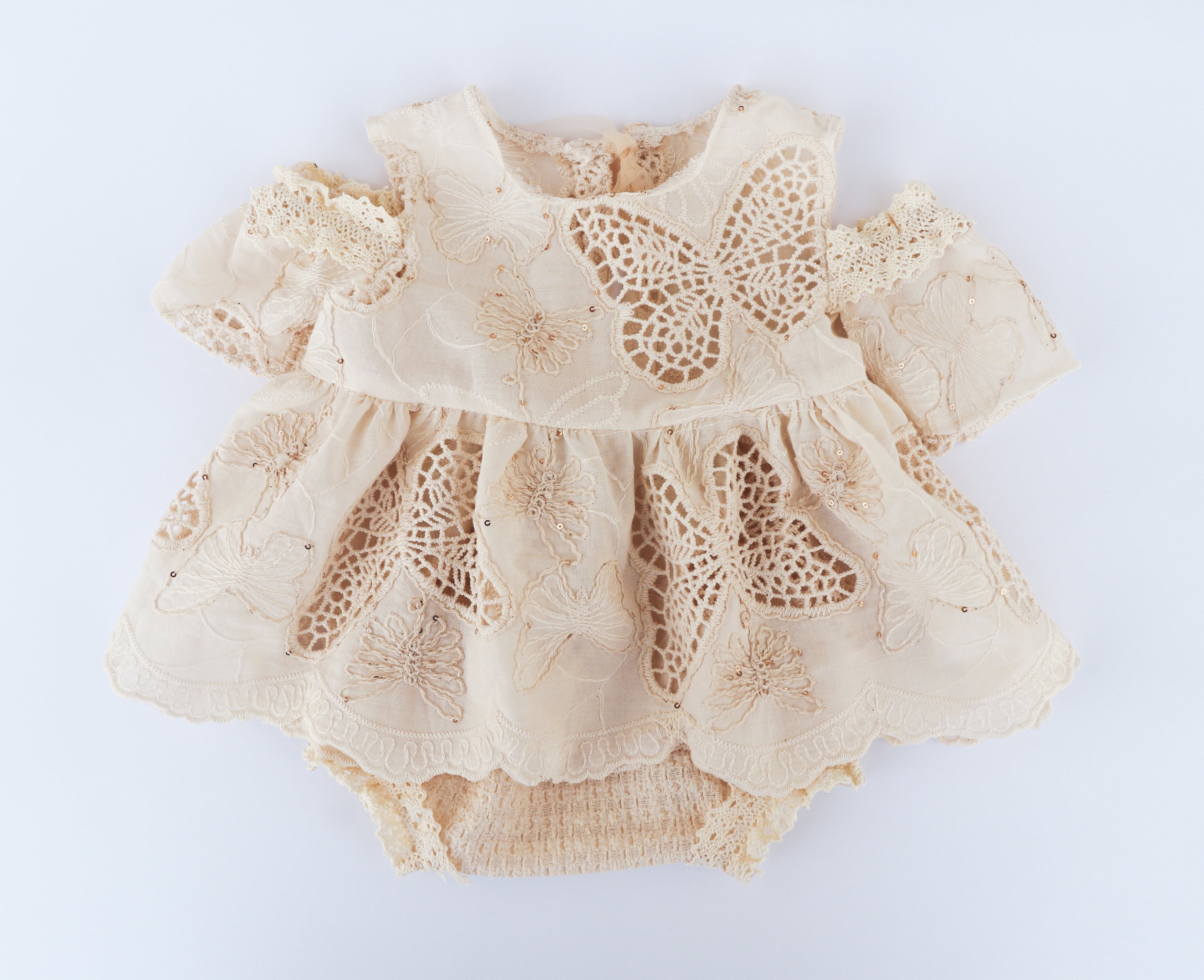 FLEUR MARGOT cream lace newborn baby girl photography dress with butterfly embroidery and puff sleeves