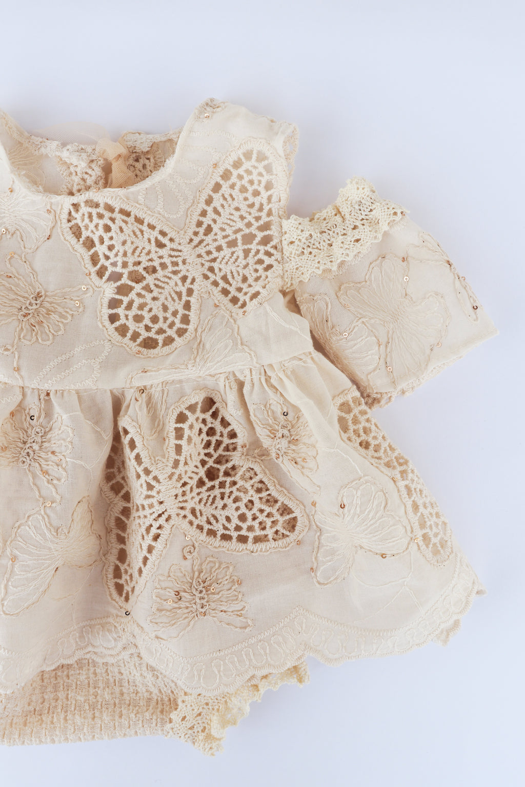 FLEUR MARGOT cream lace newborn baby girl photography dress with butterfly embroidery and scalloped edges