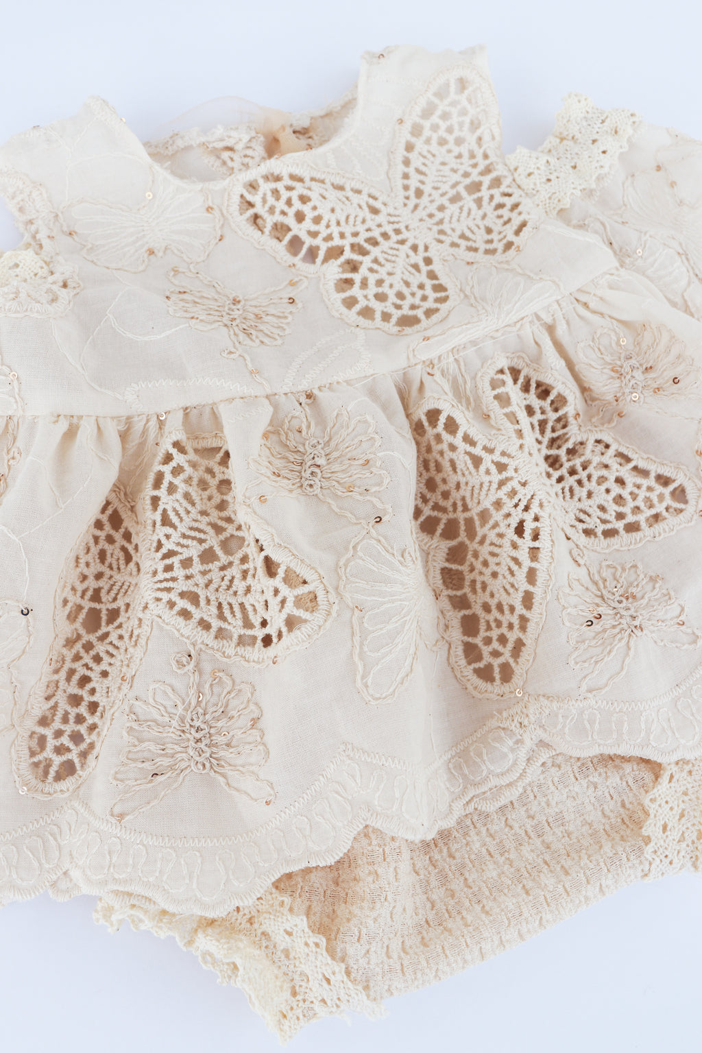 Cream lace newborn baby girl photography dress with intricate butterfly embroidery and delicate detailing
