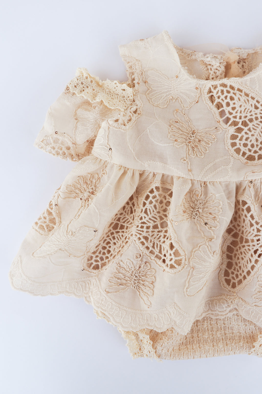 Cream lace newborn baby girl photography dress with delicate butterfly embroidery and ruffled sleeves