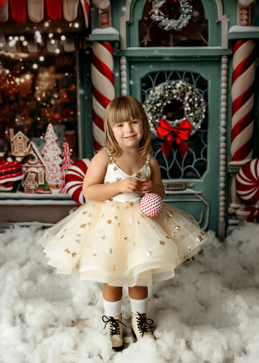 FLEUR MARGOT ruffle dress in cream with gold stars perfect sitter Christmas dress for photos