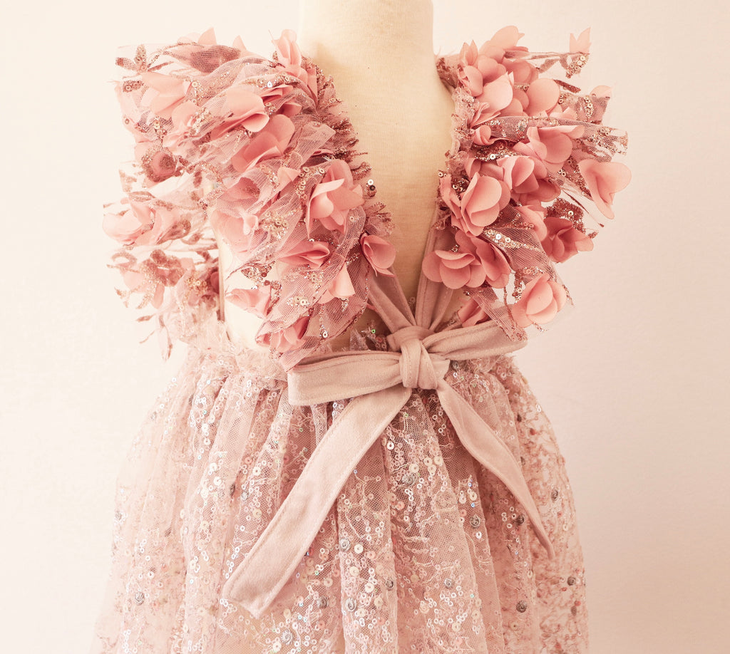 FLEUR MARGOT sitter session dress pink featuring floral detailing and sequined tulle with a bow at the waist