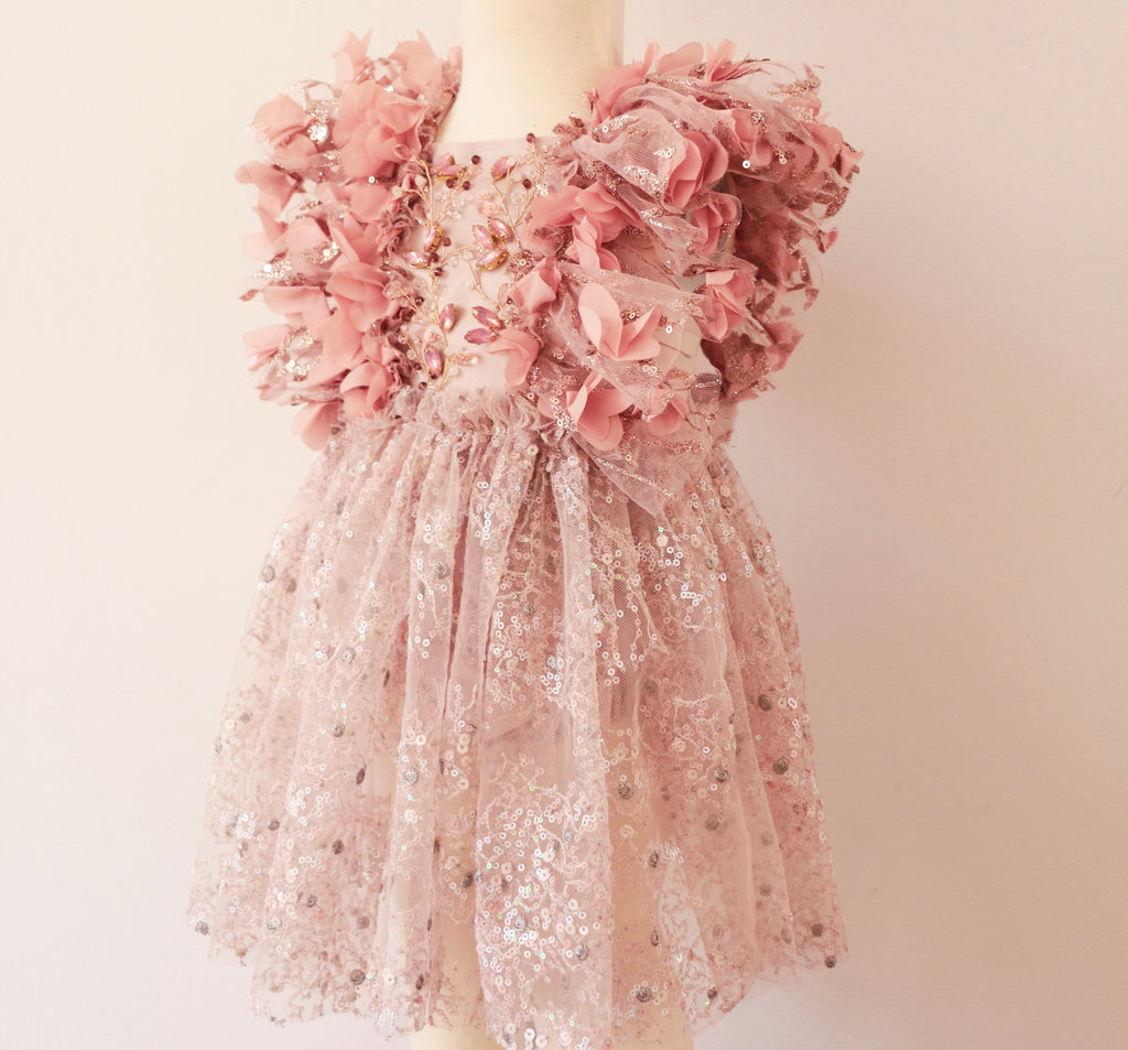 FLEUR MARGOT sitter session dress pink with floral appliques and sequin details on tulle fabric