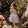 Young girl wearing a pink sitter session dress pink by FLEUR MARGOT holding a flower in a garden