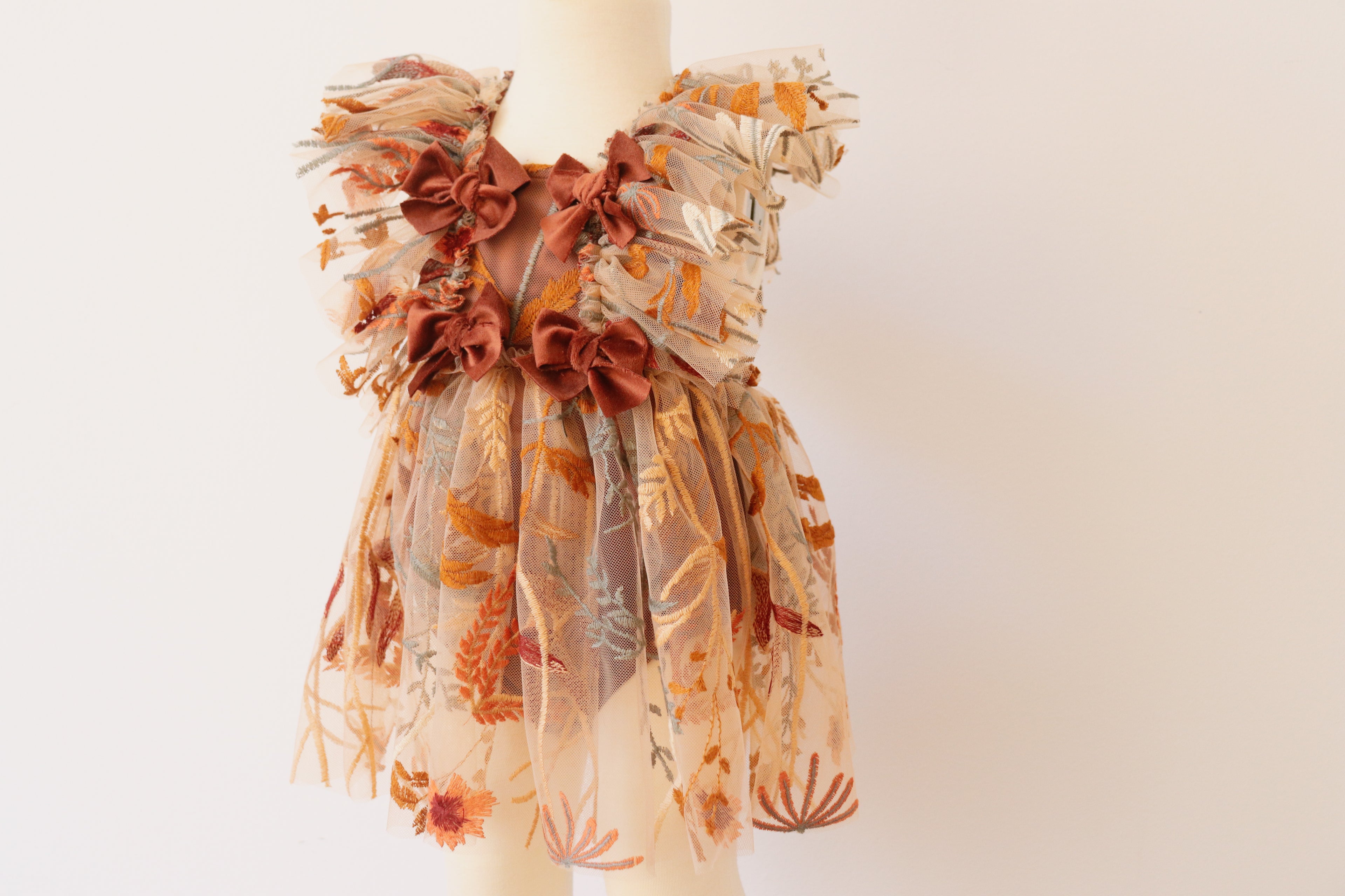 FLEUR MARGOT sitter session floral dress autumn with layered ruffles and autumn leaf patterns
