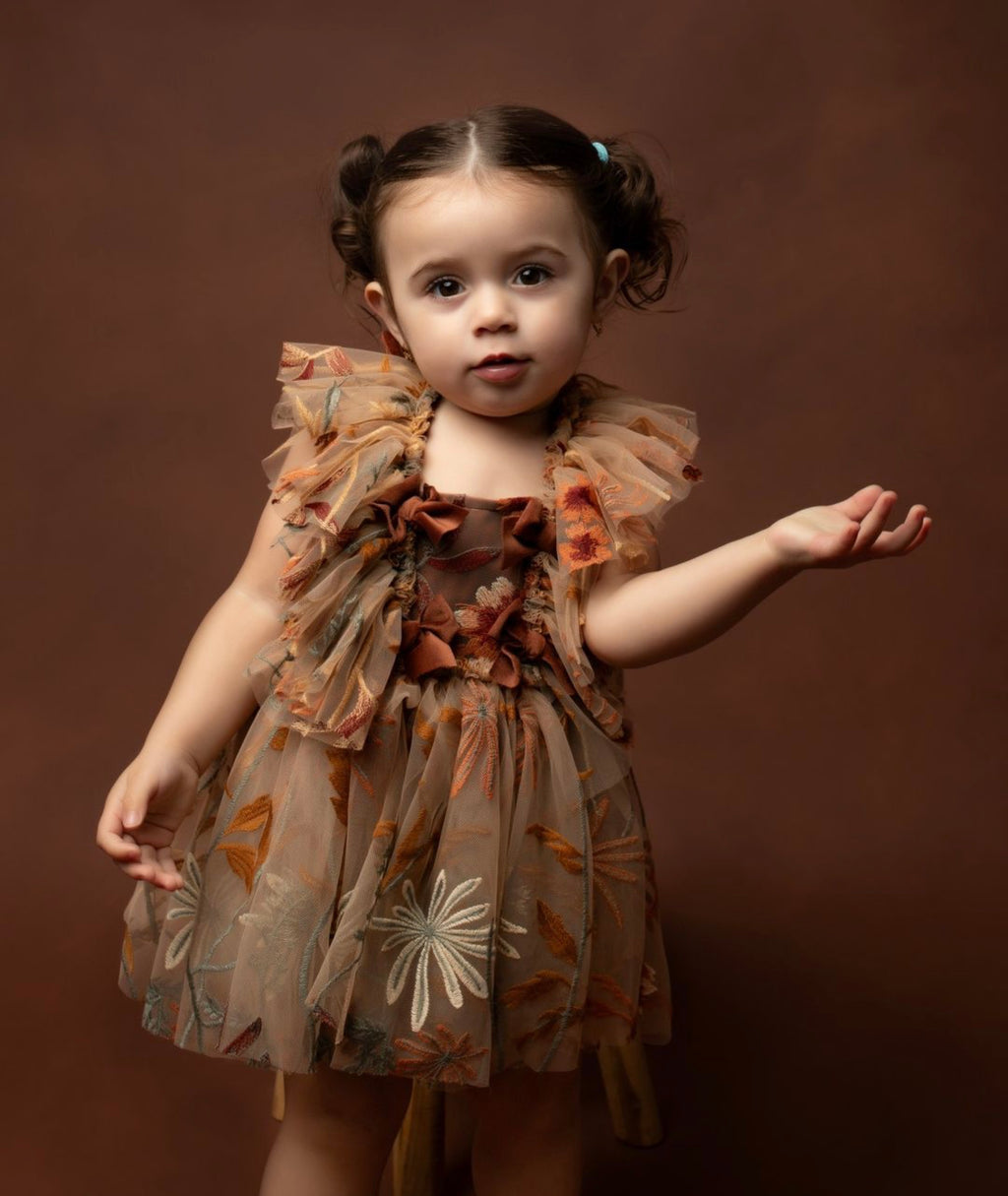 Toddler girl wearing a sitter session floral dress autumn with ruffled sleeves in warm tones