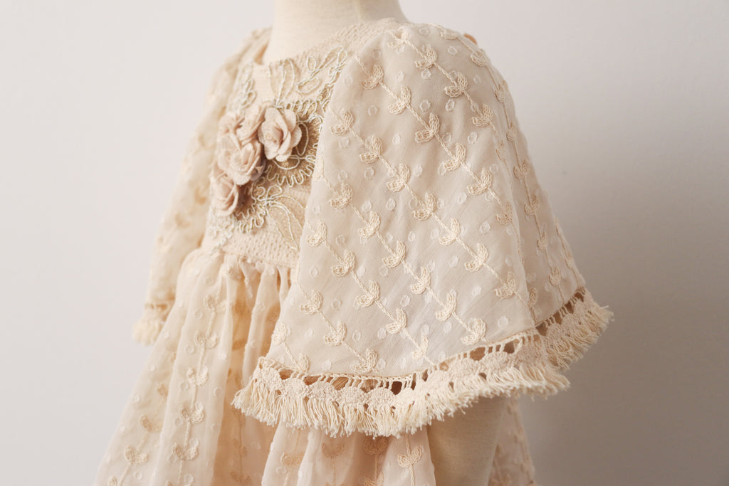 FLEUR MARGOT vintage style sitter session dress in cream with floral lace and fringed capelet
