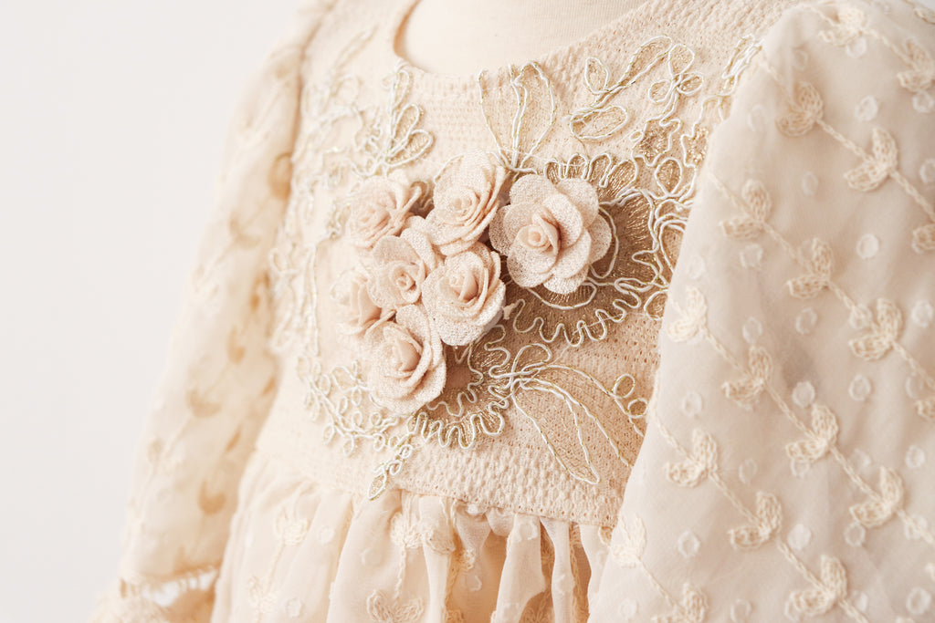 Close-up of vintage style sitter session dress by FLEUR MARGOT featuring floral lace and 3D embroidered flowers