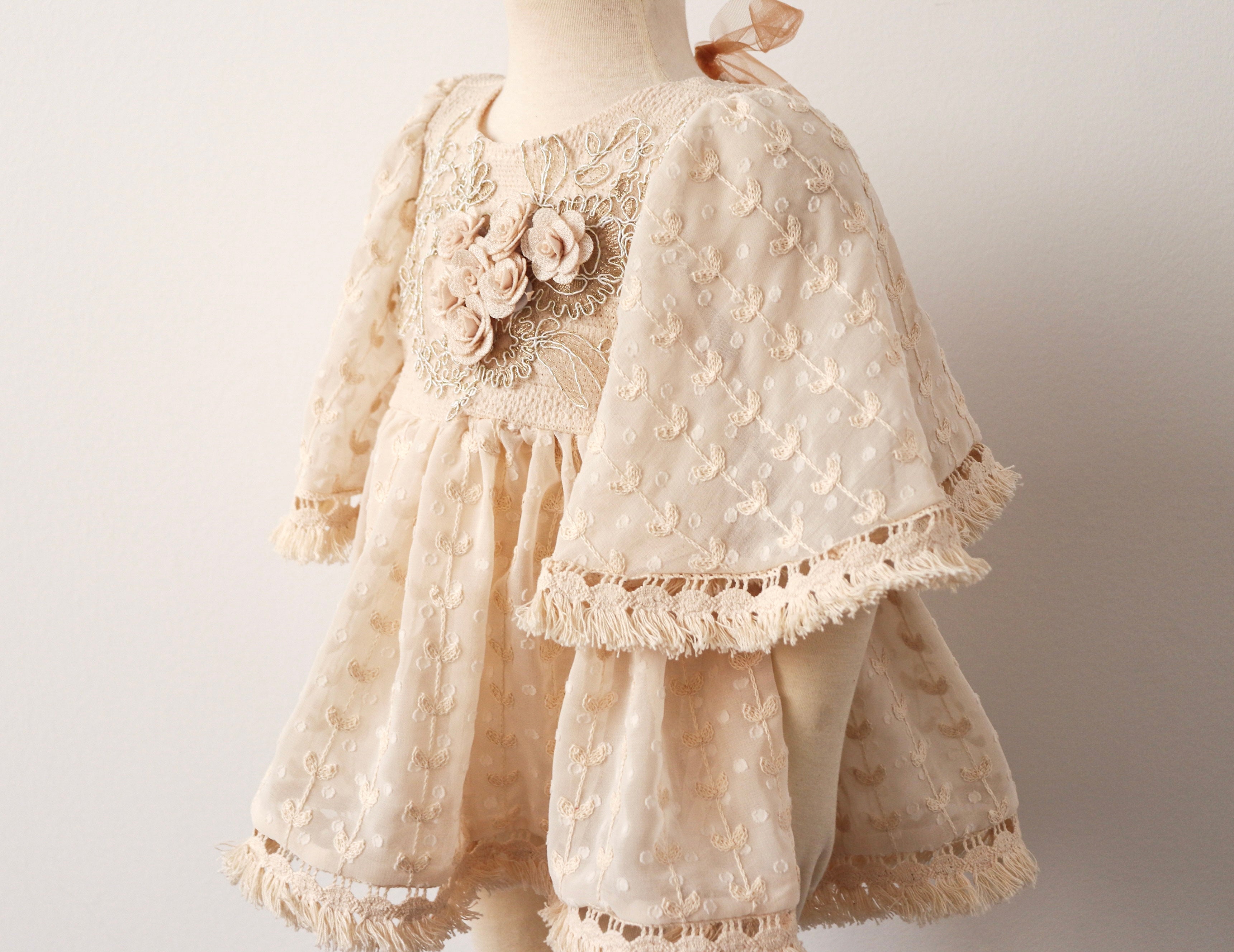 FLEUR MARGOT beige vintage style sitter session dress with floral embroidery and lace trim